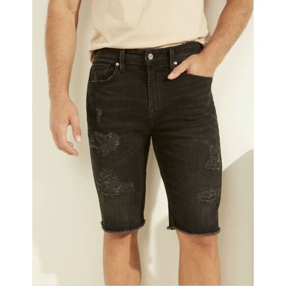 Guess Men's Slim Fit Distressed Denim Shorts Color Black Size 29
